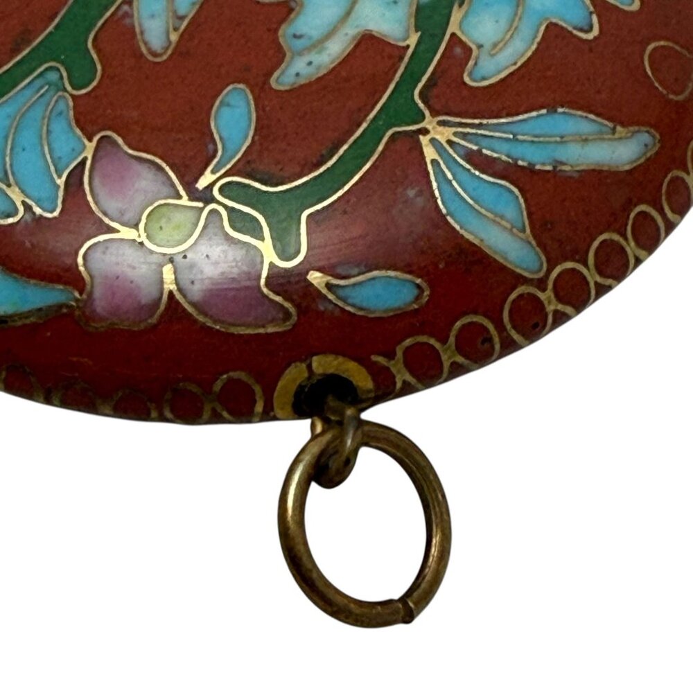 Vintage Cloisonne Pendant Round Red Chrysanthemum Floral Gold Tone 1.5" - Picture 3 of 6